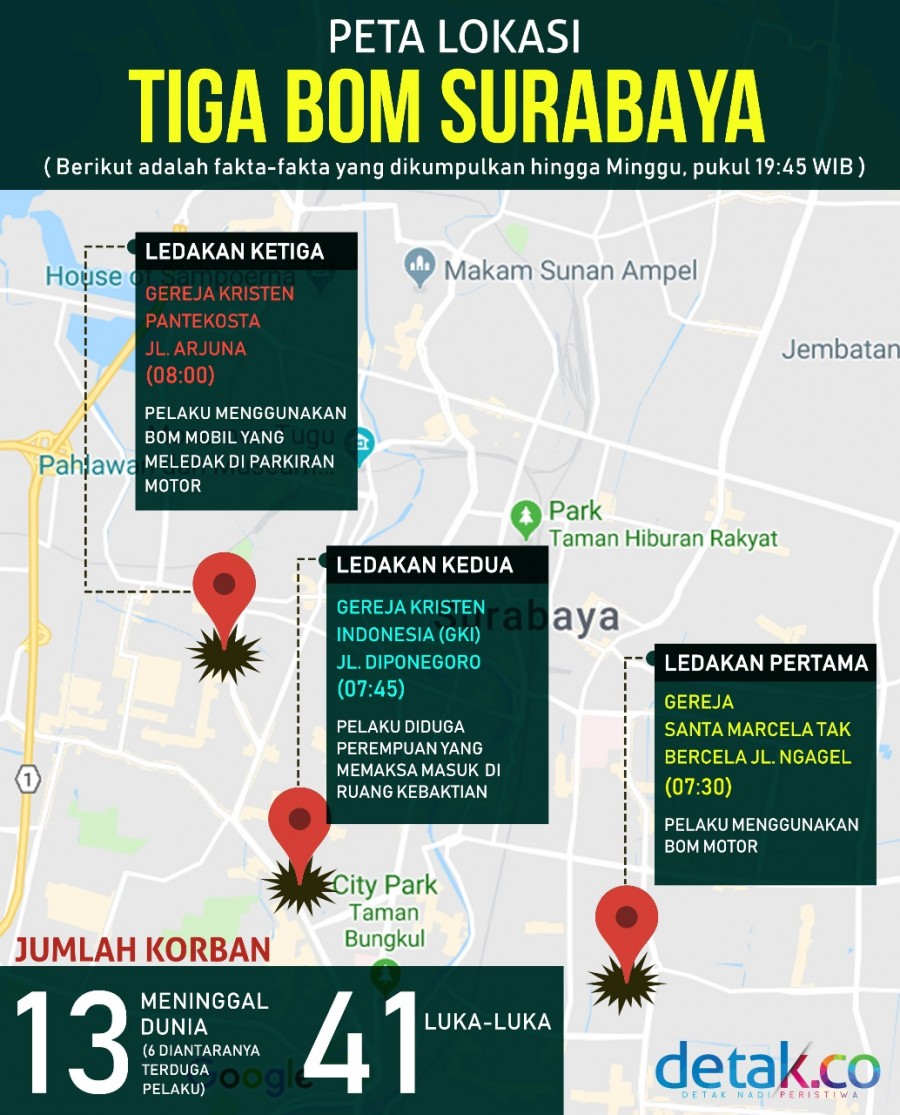Peta Tiga Lokasi Ledakan Bom di Surabaya