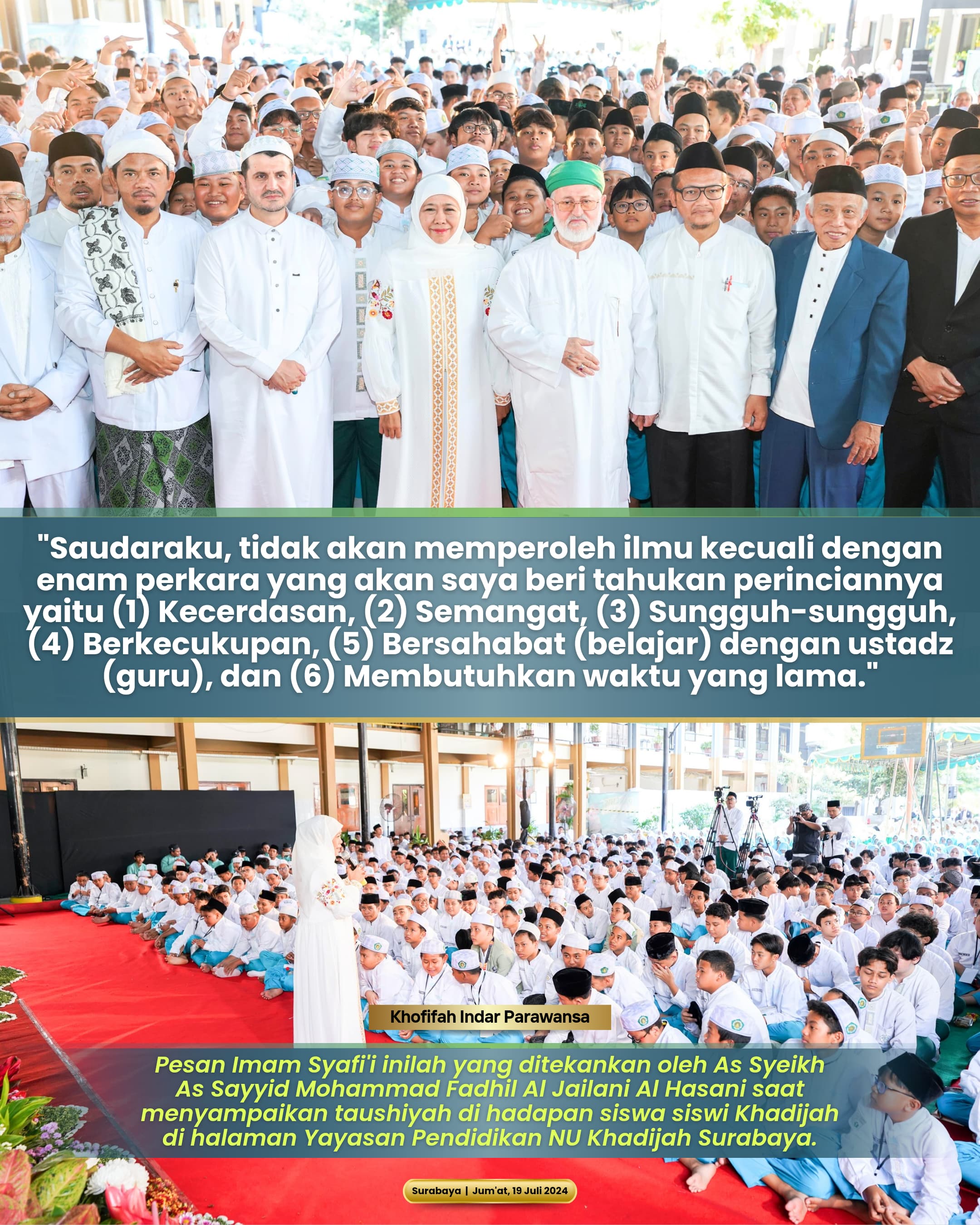 Khofifah Indar Parawansa Ajak Syeikh Fadhil Al Jailani Bagikan Kunci Sukses Menuntut Ilmu pada Siswa Khadijah