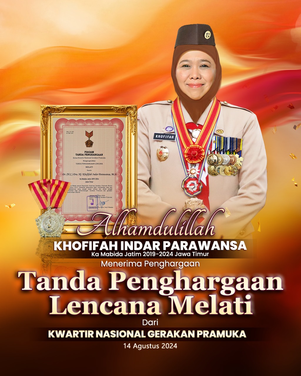 Khofifah Terima Tanda Penghargaan Lencana Melati di Peringatan Hari Pramuka Ke-63 Tahun 2024