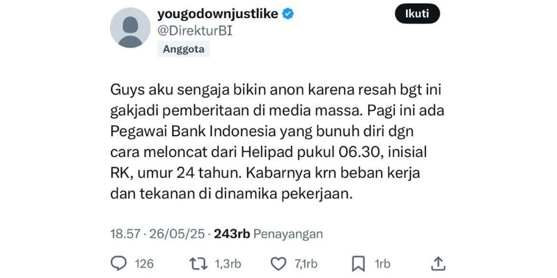 Kronologi Pegawai BI Diduga Bunuh Diri Lompat dari Helipad