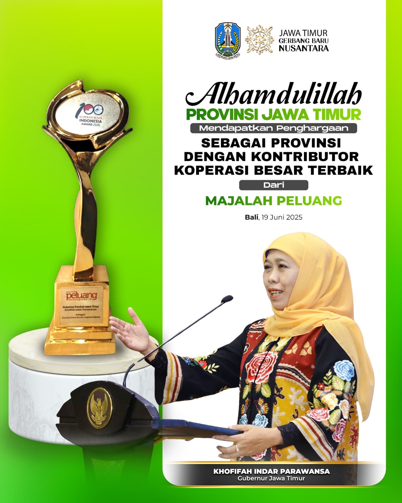 Raih Penghargaan Kontributor Koperasi Besar Terbaik, Gubernur Khofifah: 28.534 Kopersi di Jatim Gerakkan Ekonomi Kerakyatan
