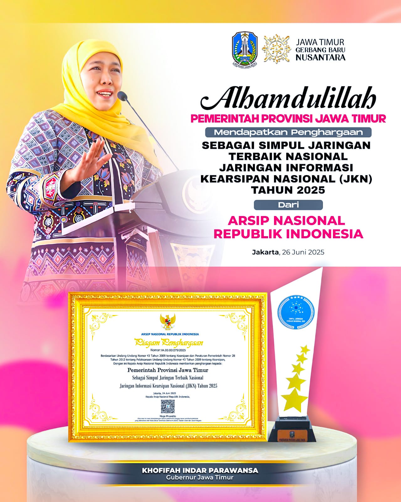 Jatim Raih Penghargaan Jaringan Terbaik, Gubernur Khofifah Komitmen Perkuat Kearsipan Terbuka dan Mudah Diakses
