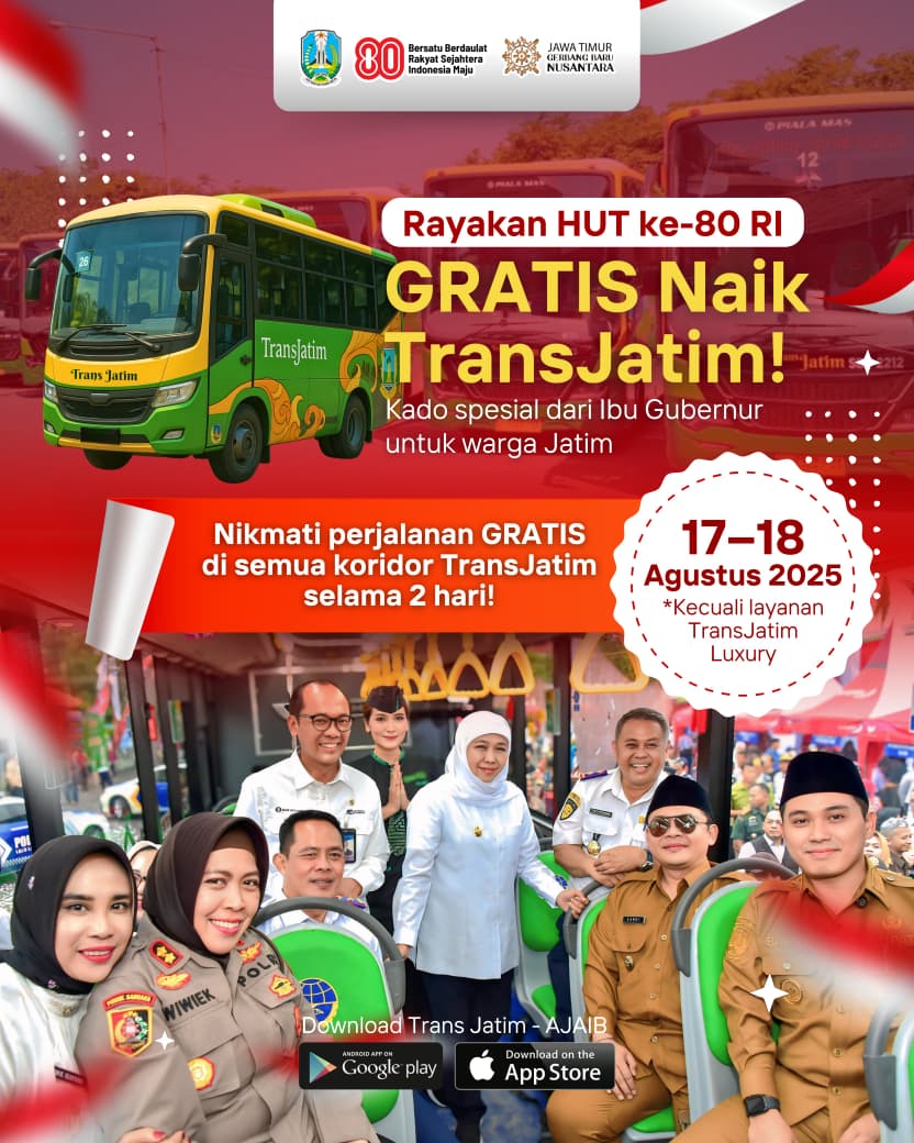Gubernur Khofifah Gratiskan Bus Trans Jatim 2 Hari Penuh, Kado Istimewa HUT ke 80 RI