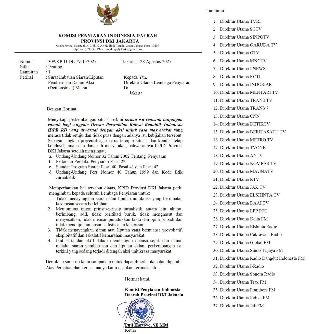 Menkominfo Bantah Larangan Media TV Nasional Liput Demo DPR