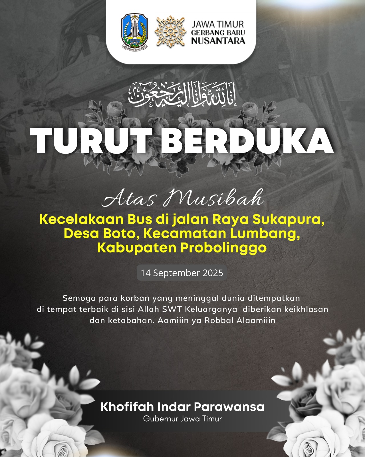 Gubernur Khofifah Sampaikan Duka Mendalam Kecelakaan Bus Pariwisata Rombongan Nakes di Bromo
