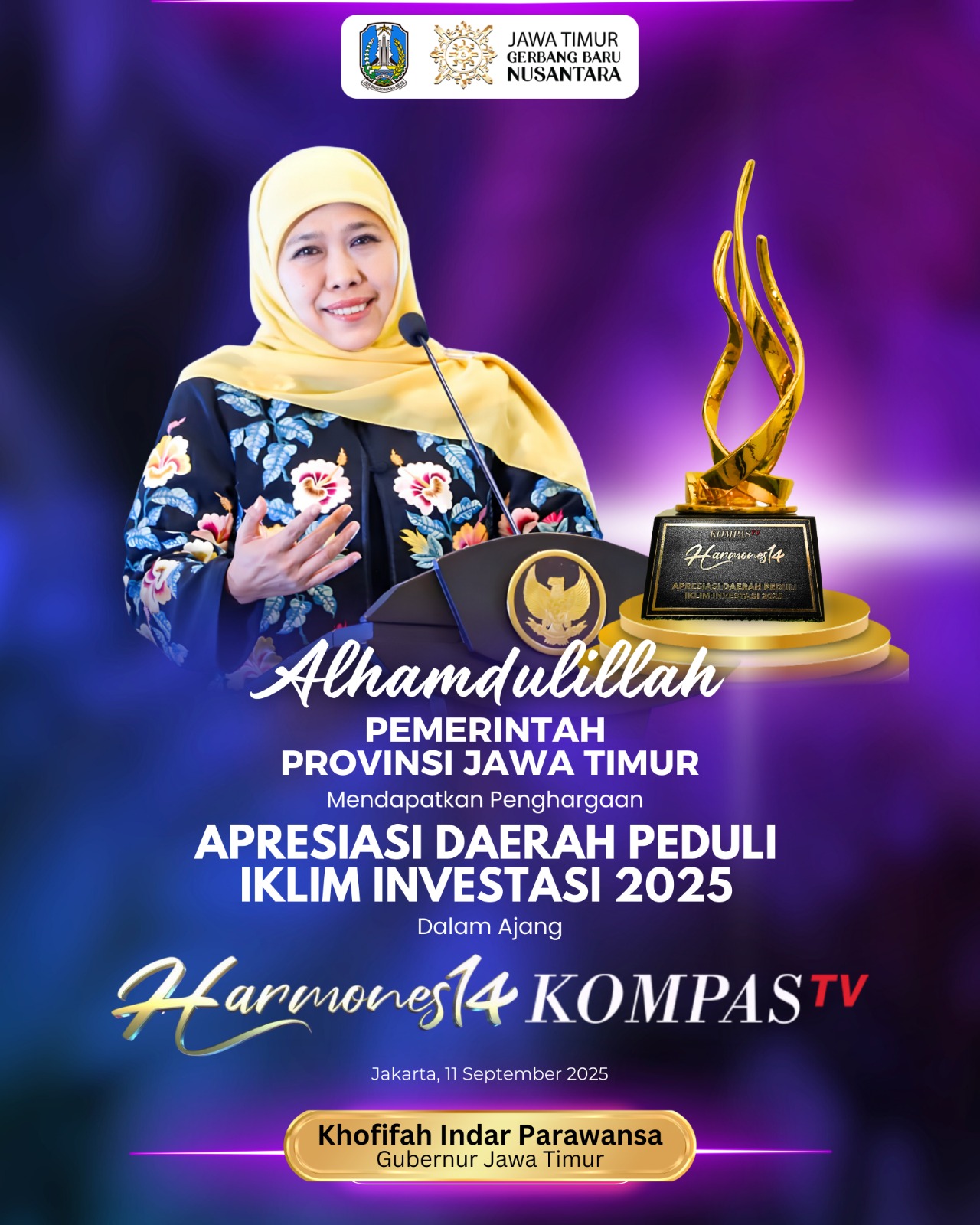 Dinobatkan Daerah Peduli Iklim Investasi di Harmones14 KompasTV, Gubernur Khofifah: Bukti Kerja Bersama Wujudkan Jatim Idola dan Magnet Investor