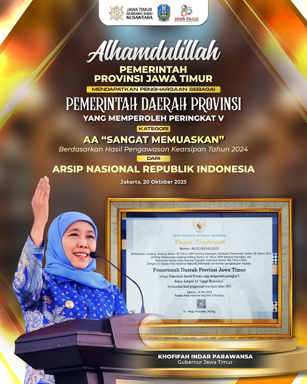 Raih Predikat Tertinggi Pengawasan Kearsipan ANRI, Gubernur Khofifah: Bukti Pengelolaan Arsip Jatim Tertib, Transparan dan Berteknologi