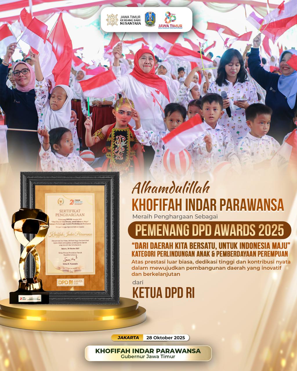 Konsisten Lindungi Anak dan Berdayakan Perempuan, Gubernur Khofifah Raih Penghargaan DPD RI Awards
