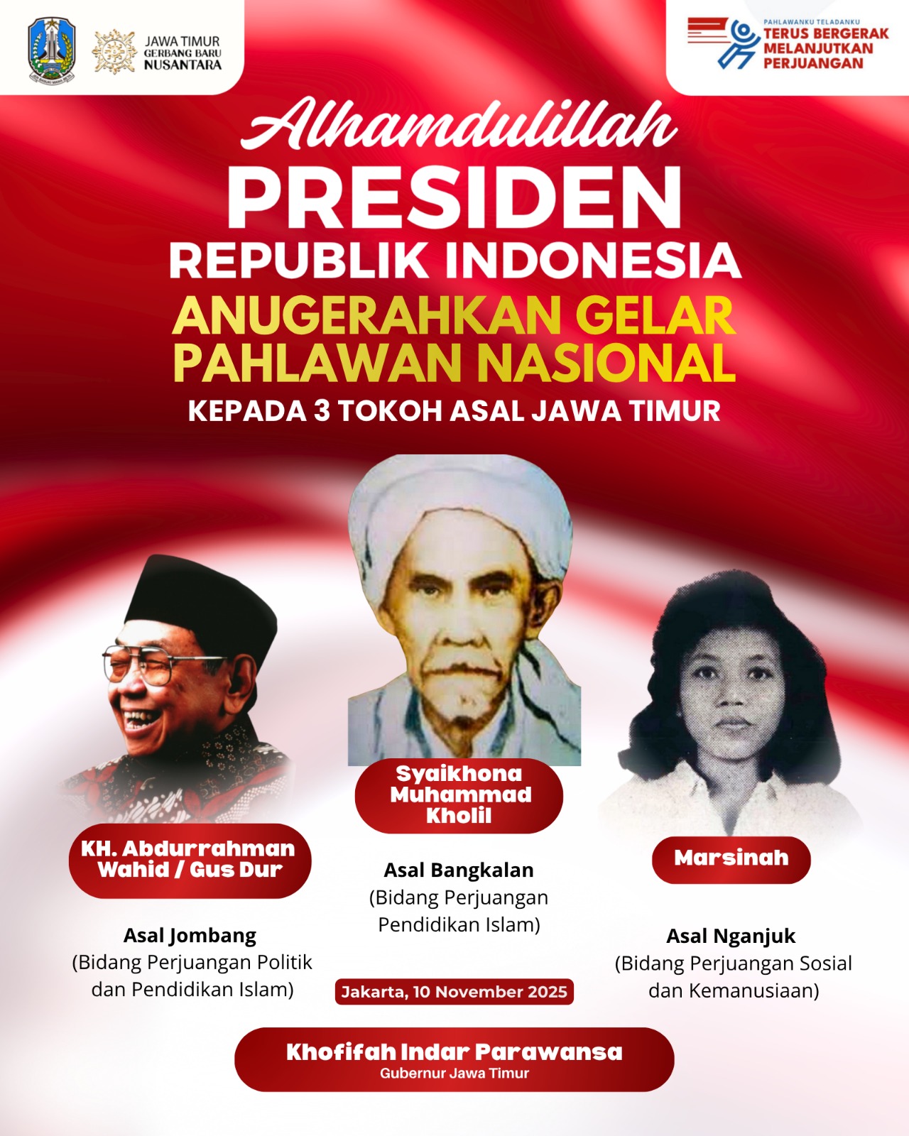 Gus Dur, Syaikhona Kholil, Marsinah Pahlawan Nasional, Khofifah: Teladan Keberanian dan Kemanusiaan dari Jatim