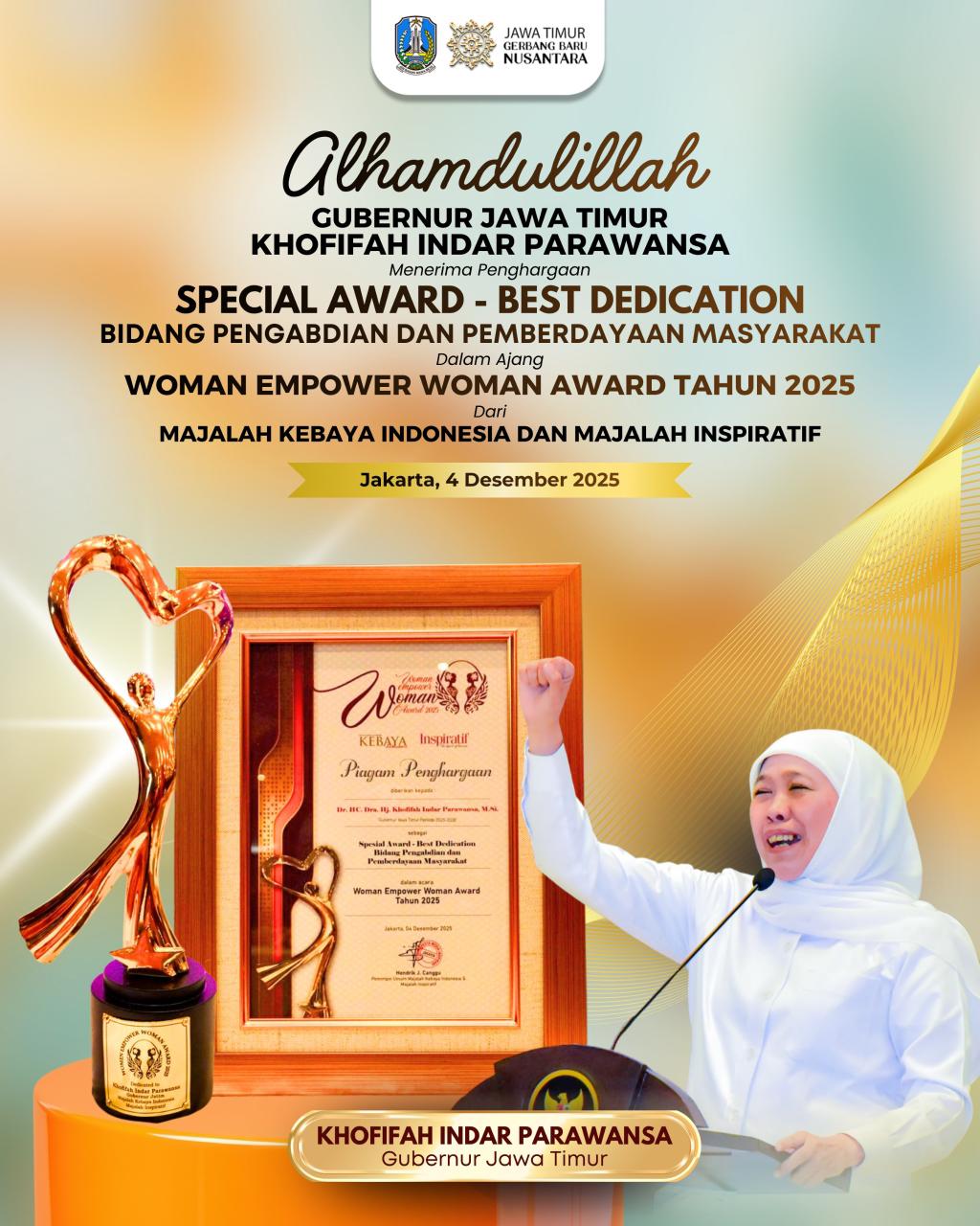 Gubernur Khofifah Raih Woman Empower Award 2025 Atas Dedikasi Layani Masyarakat dan Pemberdayaan Perempuan