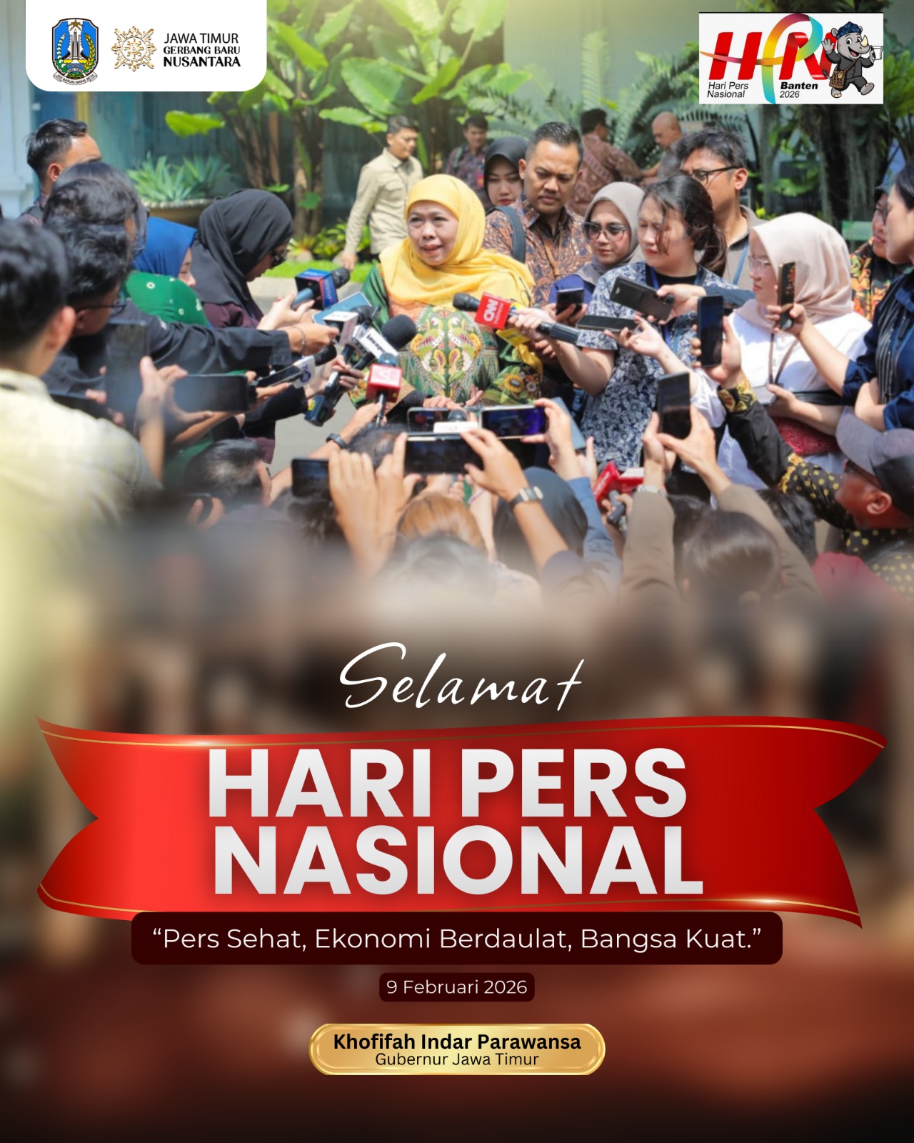 Hari Pers Nasional, Gubernur Khofifah Ajak Pers Hadirkan Jurnalisme Berdampak Pada Penguatan Demokrasi dan Kedaulatan Bangsa