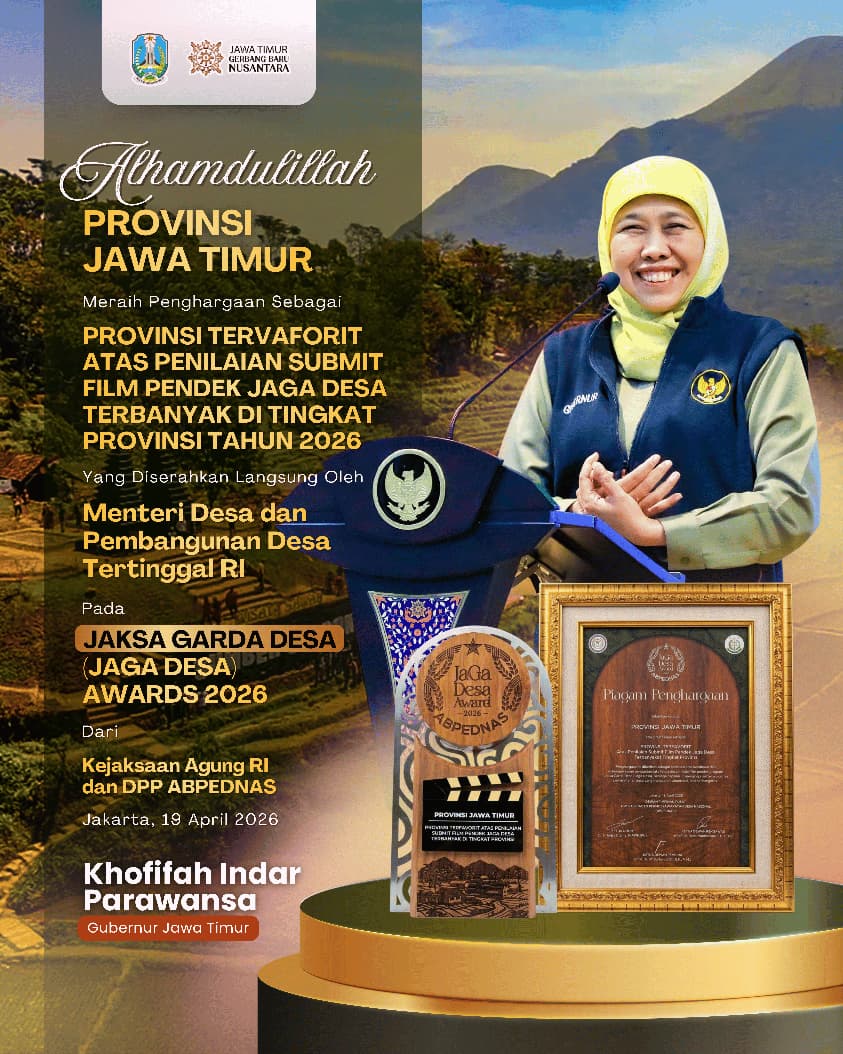 Jatim Raih Penghargaan Provinsi Terfavorit di Jaksa Garda Desa Award, Gubernur Khofifah: Bukti Komitmen Akuntabilitas Tata Kelola Desa