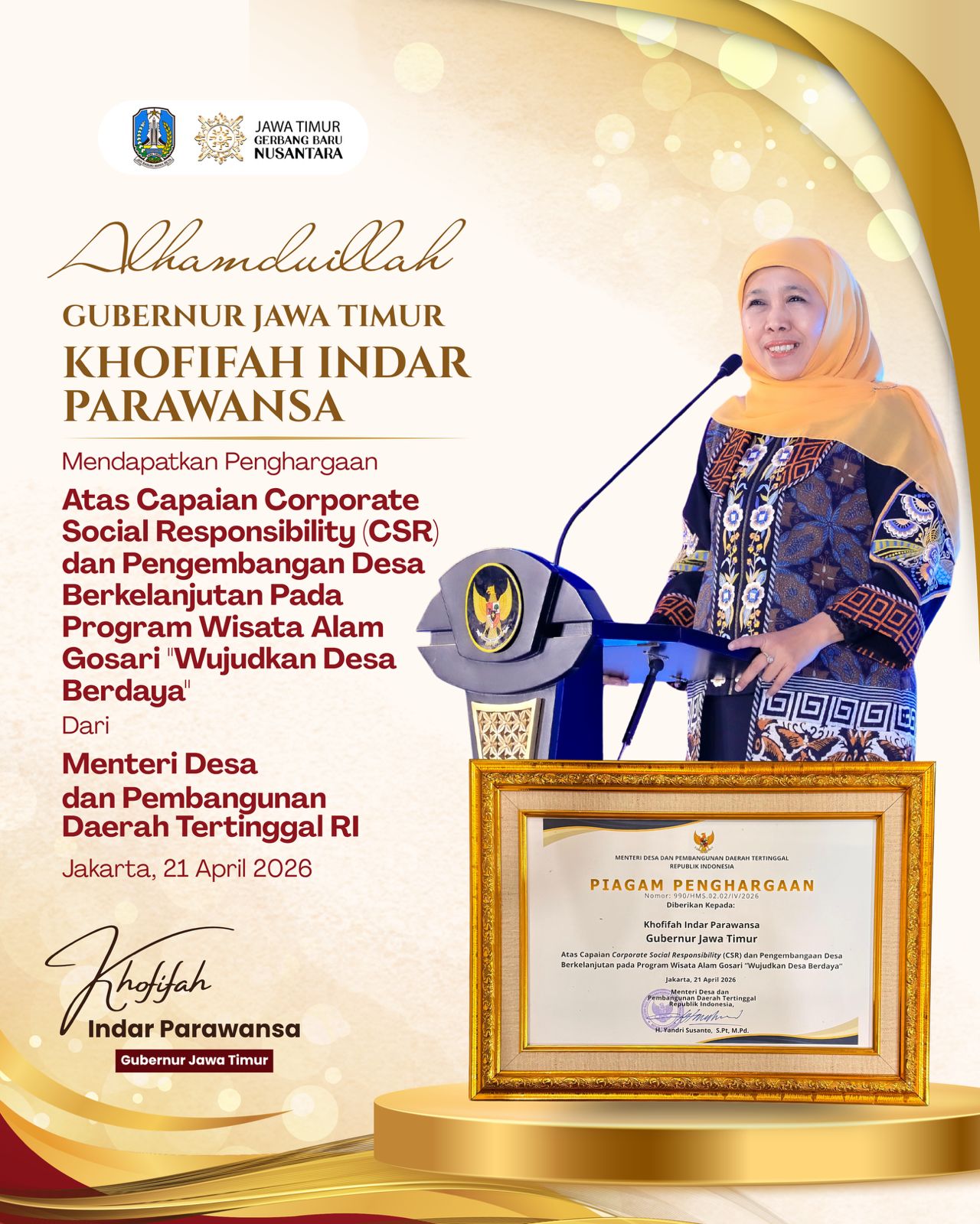 Gubernur Khofifah Terima Penghargaan CSR dan Pengembangan Desa Berkelanjutan Award 2026