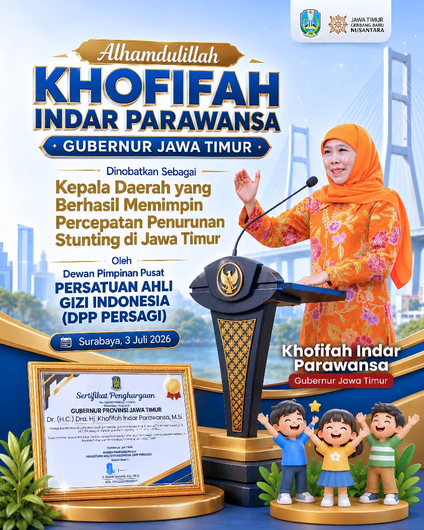 Berhasil Turunkan Prevalensi Stunting Jatim 14,7 Persen, Gubernur Khofifah Terima Penghargaan Persatuan Ahli Gizi Indonesia