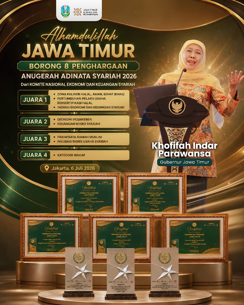 Jatim Borong 8 Penghargaan Anugerah Adinata Syariah, Gubernur Khofifah Ajak Wujudkan Jatim Pusat Pengembangan Ekonomi Syariah