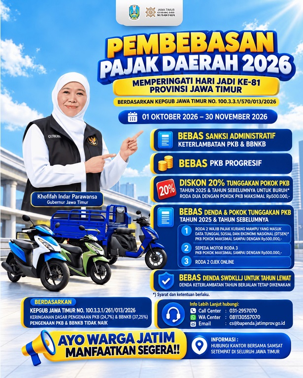Gubernur Khofifah Kembali Berikan Pembebasan dan Keringanan Pajak Kendaraan Bermotor Selama Dua Bulan