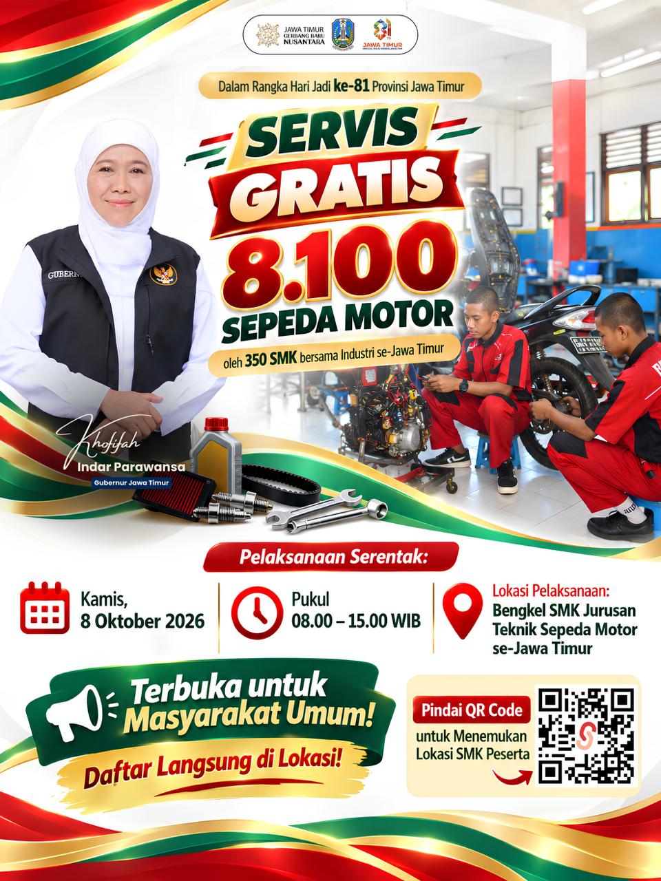 Hari Jadi ke 81 Jatim, Gubernur Khofifah Ajak Masyarakat Manfaatkan Servis Gratis untuk 8.100 Sepeda Motor