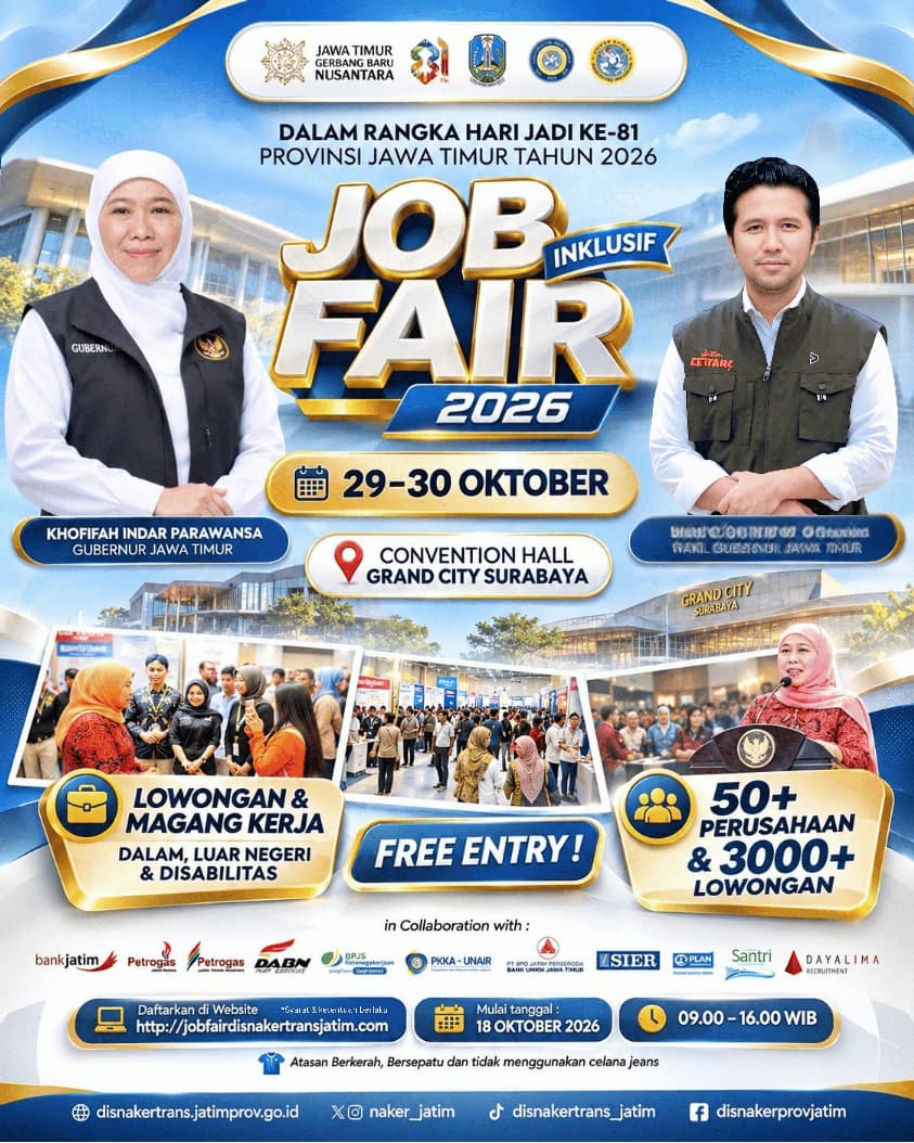 Gubernur Khofifah Ajak Masyarakat Manfaatkan Job Fair Inklusif 2026, Libatkan 102 Perusahaan Hadirkan 4.807 Lowongan Kerja dan Magang
